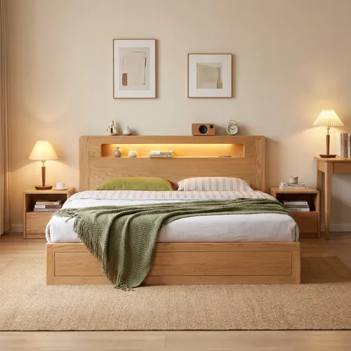 Seattle II soft light oak hydraulic press bed frame