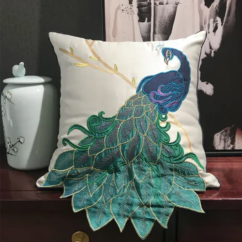 Satin Embroidered Peacock Throw Cushion